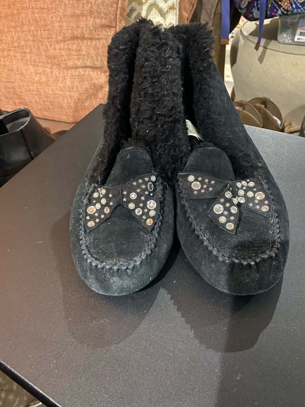 UGG Alena Brilliant Black Suede Rhinestone Bow Slippers Size 10
